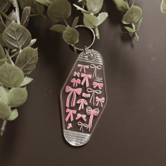 Handmade Patterned Clear Canvas Keychain- Pink Bows