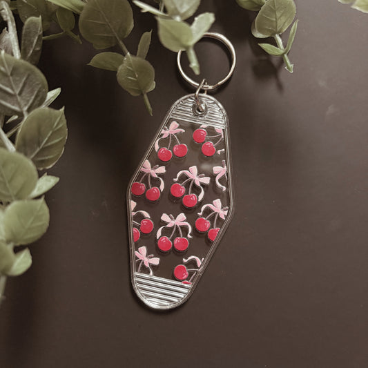 Handmade Patterned Clear Canvas Keychain- Multi Cherry Print
