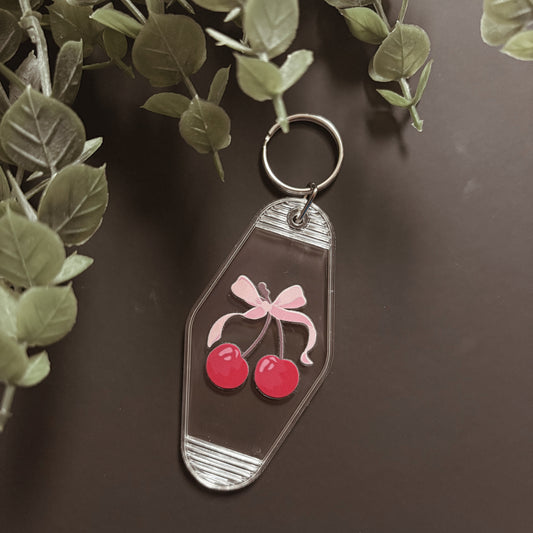 Handmade Patterned Clear Canvas Keychain- Single Cherry Print