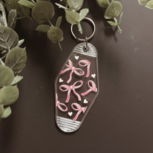 Handmade Patterned Clear Canvas Keychain- Pink Bows White Hearts