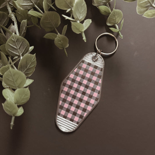 Handmade Patterned Clear Canvas Keychain- Pink Checkerboard