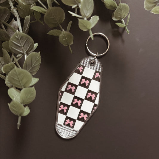 Handmade Patterned Clear Canvas Keychain- White Checkerboard Pink Bow